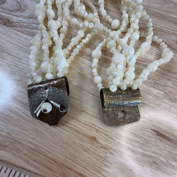 VTG Artisan Necklace Charlene Biesele Mother of Pearl Bead & Repousse Brass 20" - Picture 12 of 14